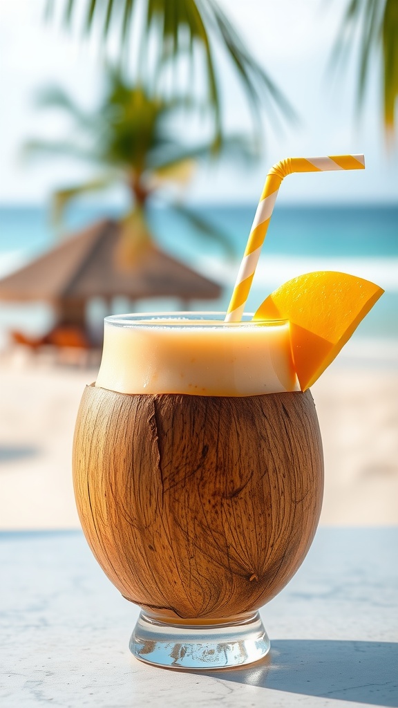 A refreshing Tropical Mango Coconut Smoothie in a coconut shell glass, garnished with a slice of mango.