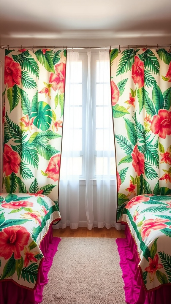 A bright and cheerful bedroom with tropical print curtains featuring large flowers and green leaves.