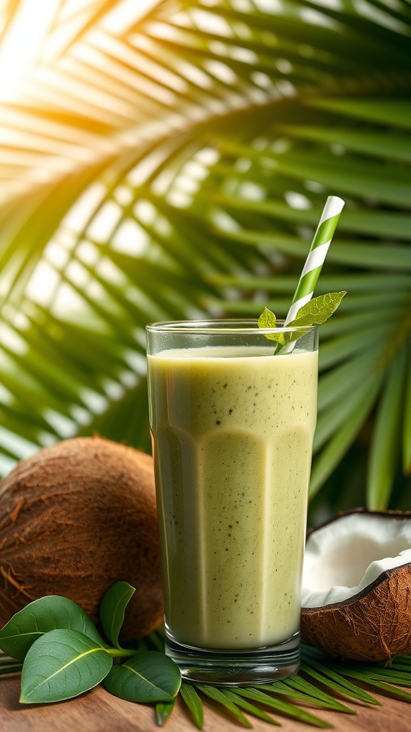 A refreshing spinach banana smoothie in a glass with a striped straw, surrounded by coconuts and tropical leaves.