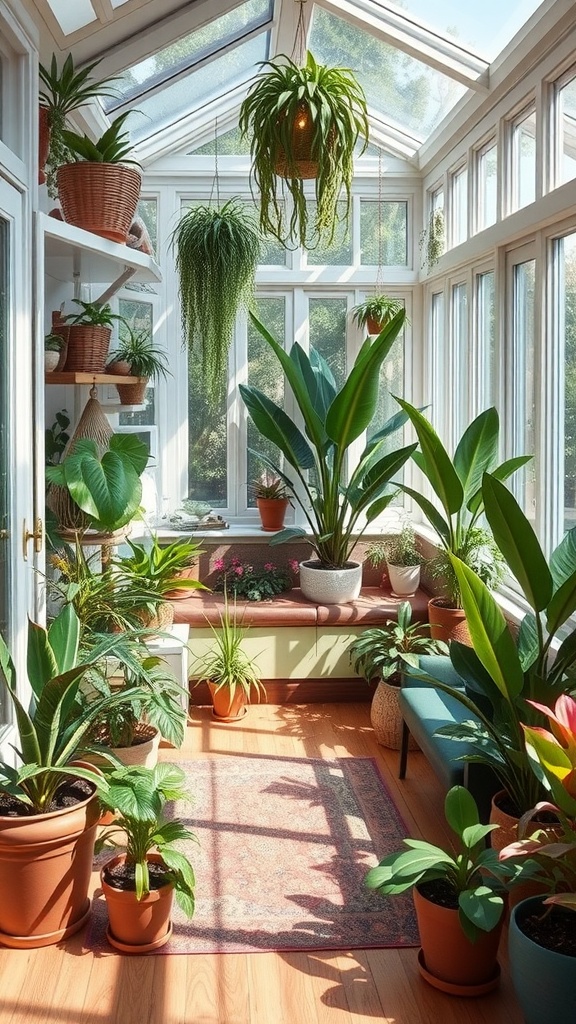 A cozy sunroom filled with various exotic plants and greenery, showcasing a tropical vibe.