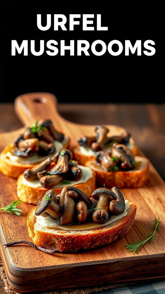 Truffle-infused mushroom crostini on a wooden board