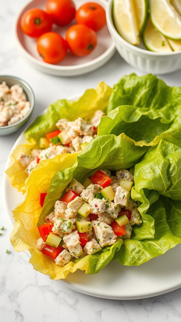 Tuna salad lettuce wraps with fresh vegetables, placed on a white plate.