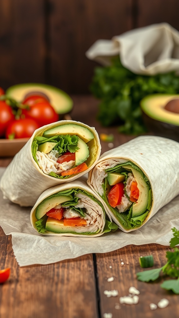A delicious turkey and avocado wrap with fresh vegetables.