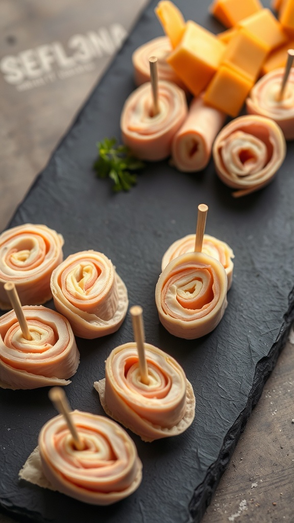 Turkey and cheese roll-ups with toothpicks.
