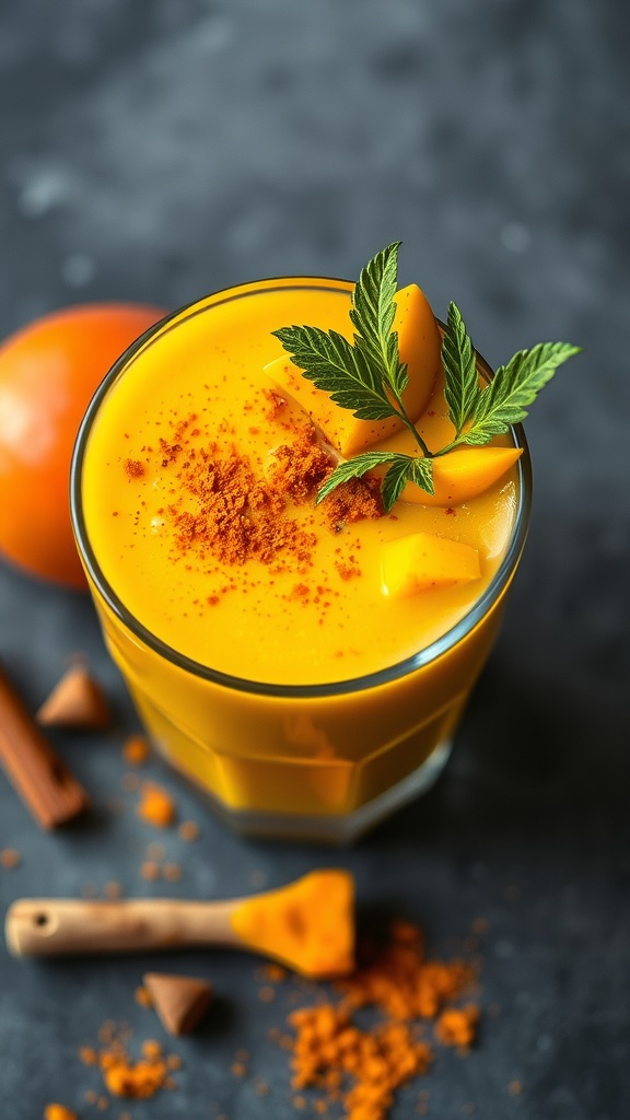 A vibrant mango smoothie topped with turmeric and mint leaves in a glass.