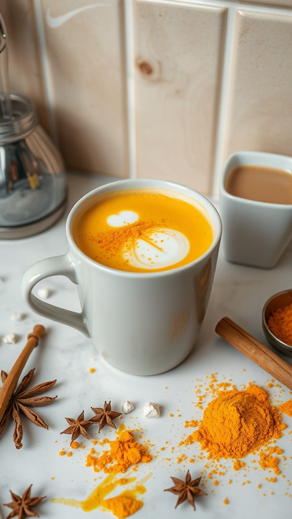 A creamy turmeric latte with spices and herbs around it.
