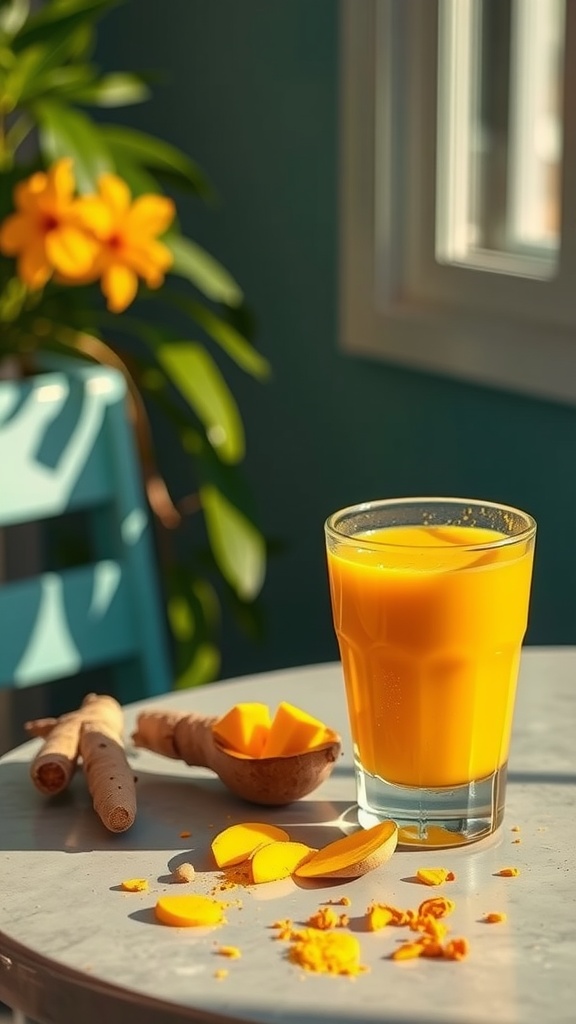 A vibrant turmeric mango smoothie in a glass with fresh mango pieces and turmeric root nearby.