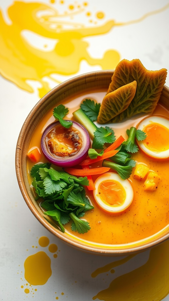A bowl of turmeric ramen with vegetables and soft-boiled eggs.
