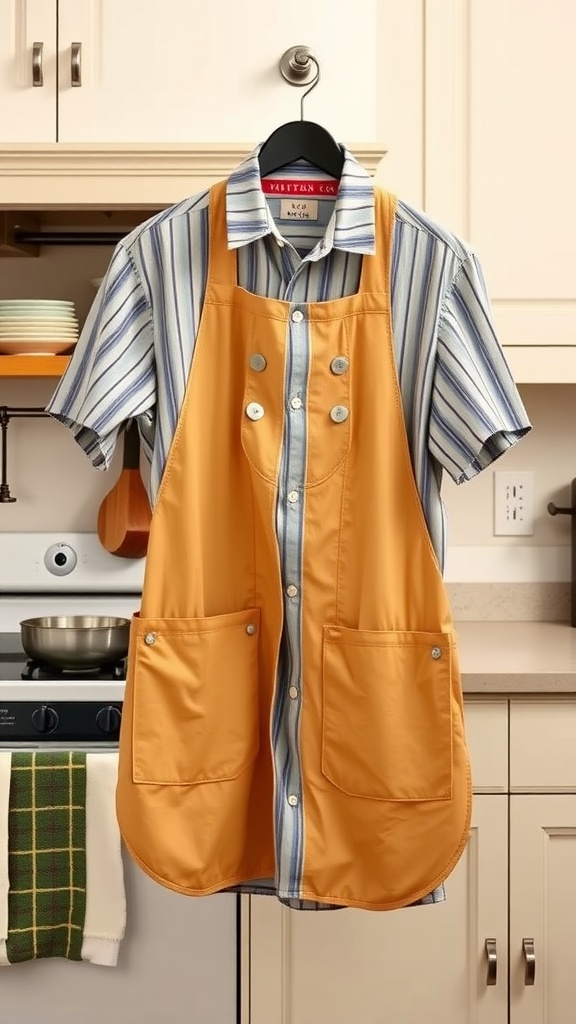 A button-up shirt repurposed into a yellow apron hanging in a kitchen.