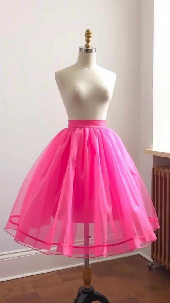 A beautiful pink skirt displayed on a mannequin