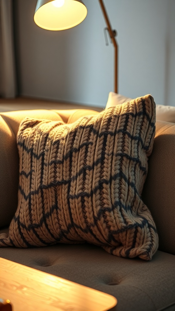 Cozy knitted pillow on a sofa with a lamp illuminating the scene.