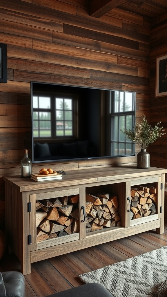 TV stand with firewood storage, featuring a rustic design and a cozy atmosphere