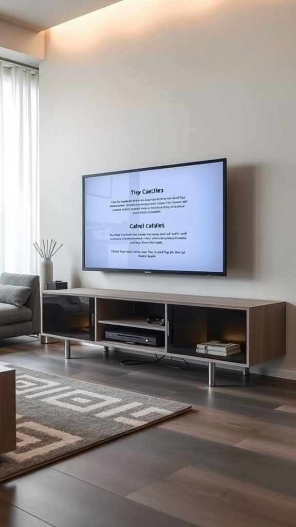 A modern TV stand with hidden cables, featuring a TV mounted on the wall and a clean, organized setup.