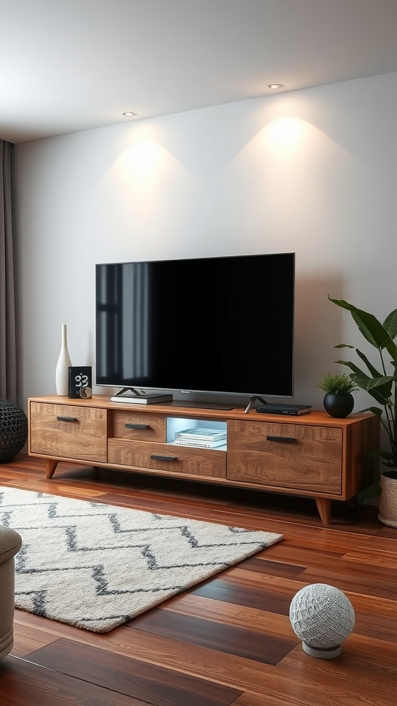 A modern wooden TV stand with integrated lighting, displaying a TV and decorative items.