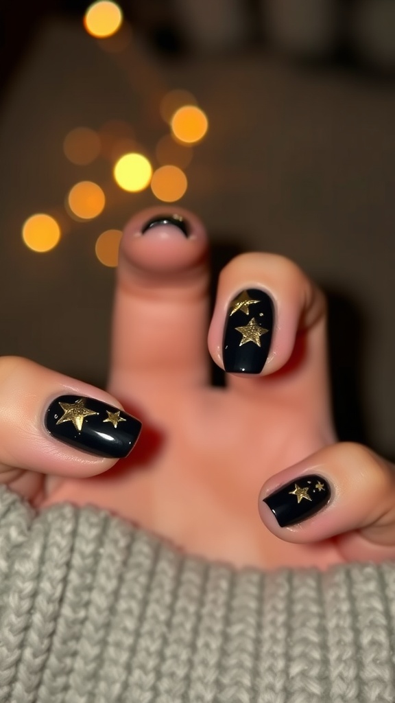 Nail art featuring black nails with gold star designs.
