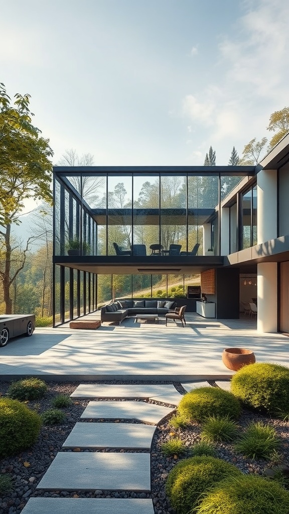 A modern glass house with a spacious patio area, surrounded by greenery.