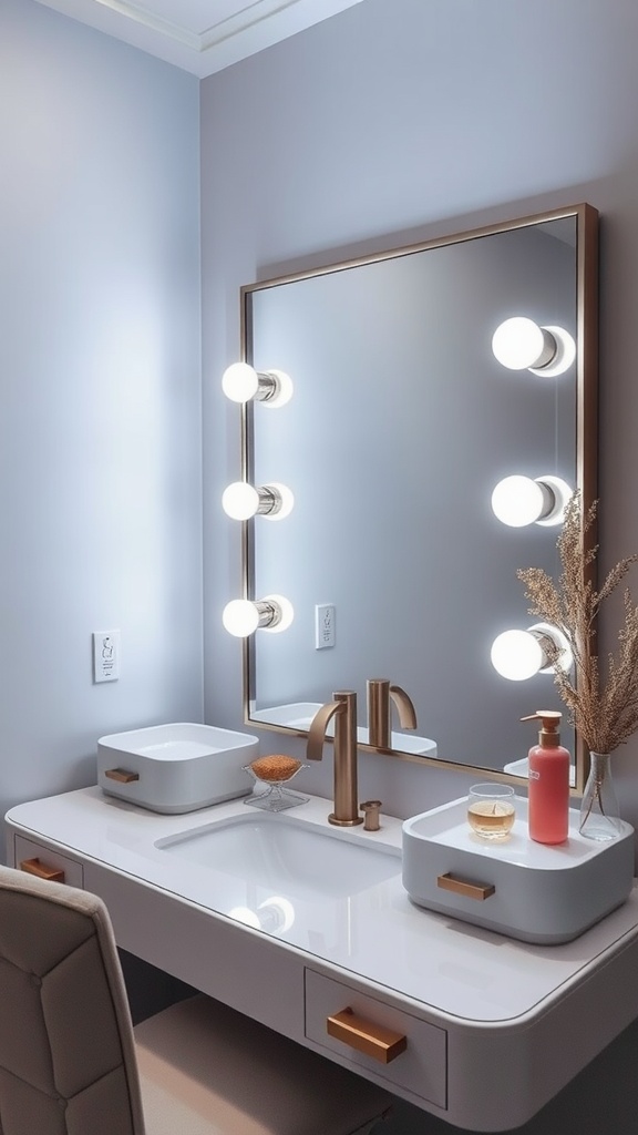 A stylish vanity with under-mirror LED lighting, featuring a modern mirror, elegant faucets, and neatly arranged toiletries.