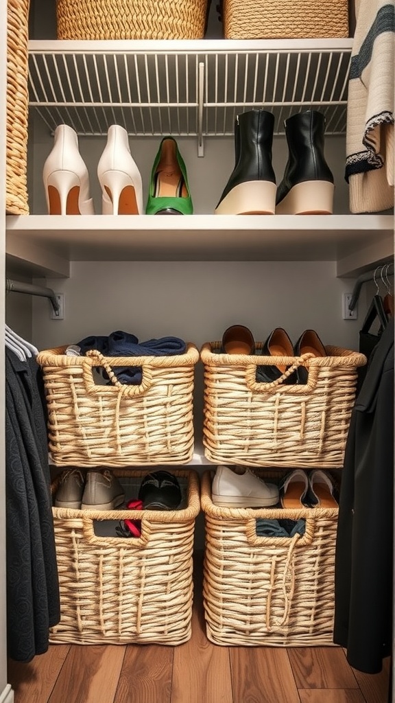 A closet with under-shelf baskets holding shoes and clothing.