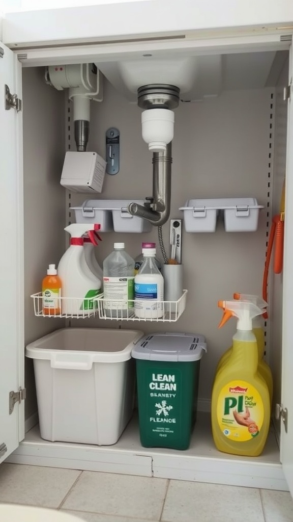 Under-sink storage area with organized cleaning supplies, bins, and shelves.
