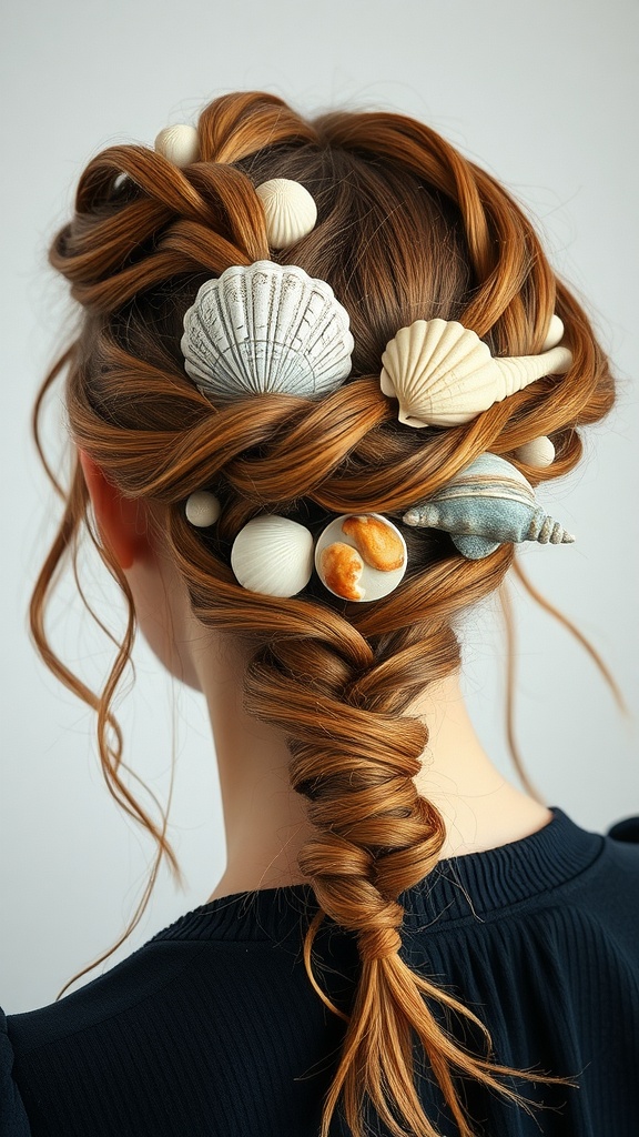 A hairstyle with braided hair decorated with seashells.