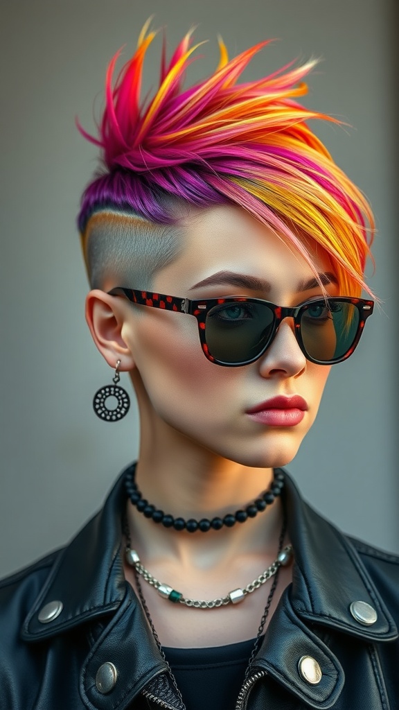A stylish individual with a vibrant undercut pixie hairstyle featuring pink and orange colors, wearing sunglasses and jewelry.