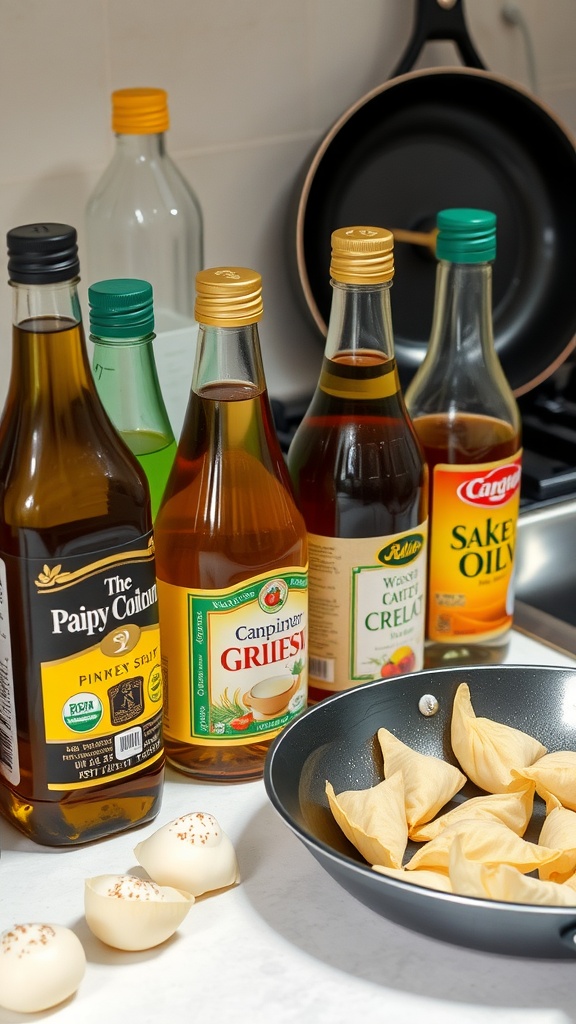 Bottles of various cooking oils with a frying pan and wontons ready for frying