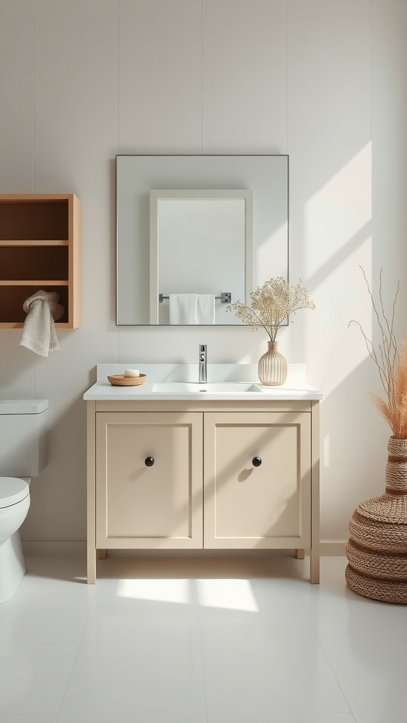 A minimalist Nordic vanity with a light wood finish, a mirror, and decorative elements, set in a bright, airy space.