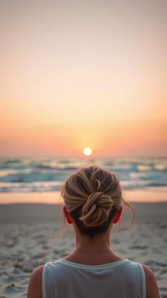 A woman with a short layered hairstyle, sitting by the beach at sunset.