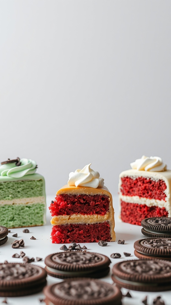 A deliciously layered Oreo cake with various colorful frosting options.