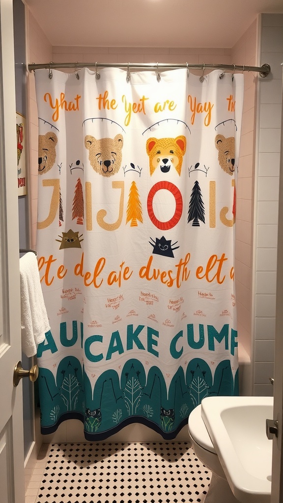 A colorful and playful shower curtain with animal designs and fun text in a small bathroom.
