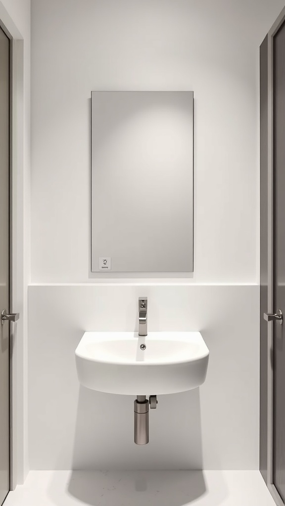 A modern half bathroom featuring a unique washbasin and mirror