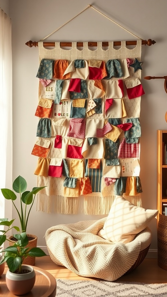 Colorful patchwork wall hanging made from upcycled fabric scraps.