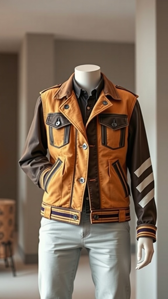 A stylish orange and brown jacket displayed on a mannequin, showcasing an upcycled design.