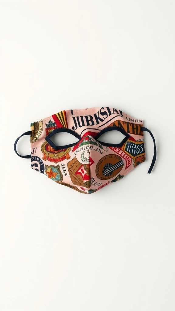 A fashionable face mask made from upcycled fabric with colorful patches and designs.
