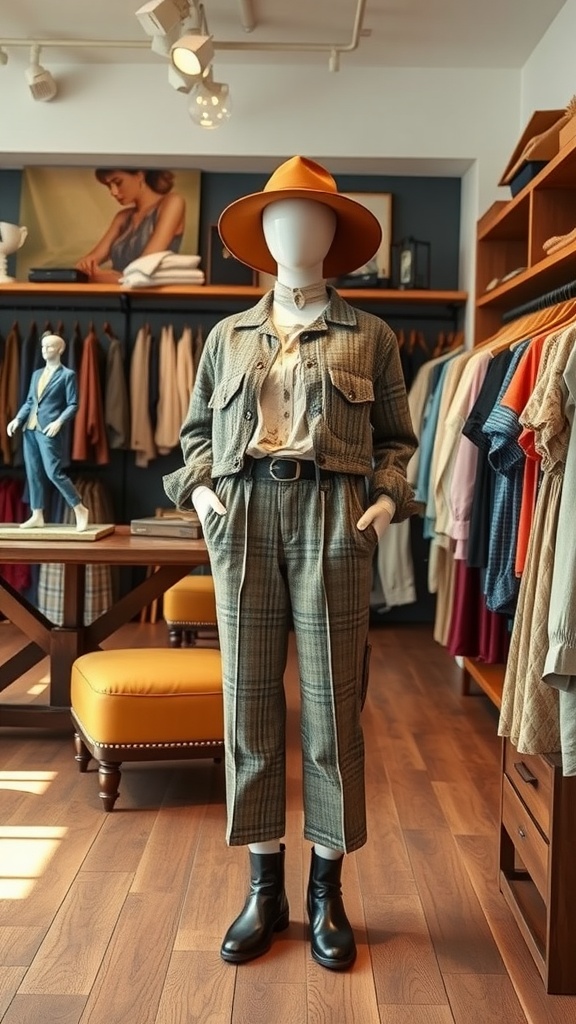 A mannequin showcasing a stylish upcycled outfit in a clothing store.