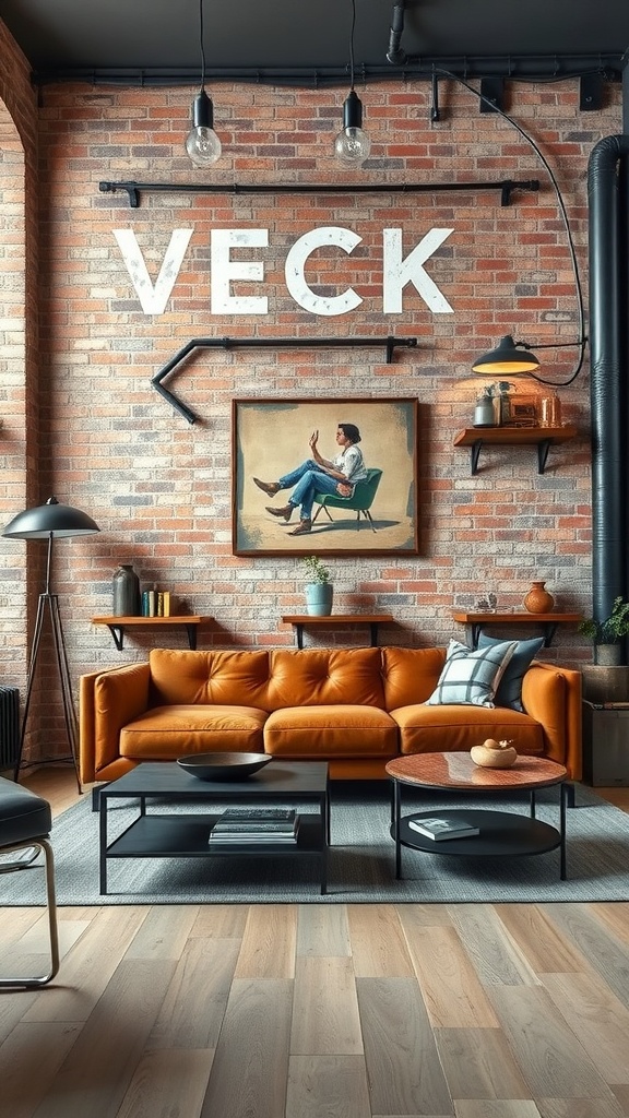 A stylish living room featuring a brown couch, exposed brick wall, and industrial decor elements.