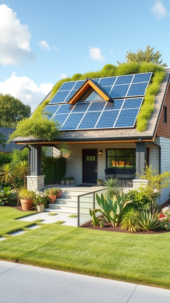 A modern eco-friendly home with solar panels and a green roof, surrounded by lush landscaping.