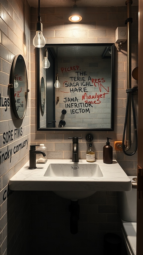 Urban industrial vanity with metal fixtures and a marble sink.