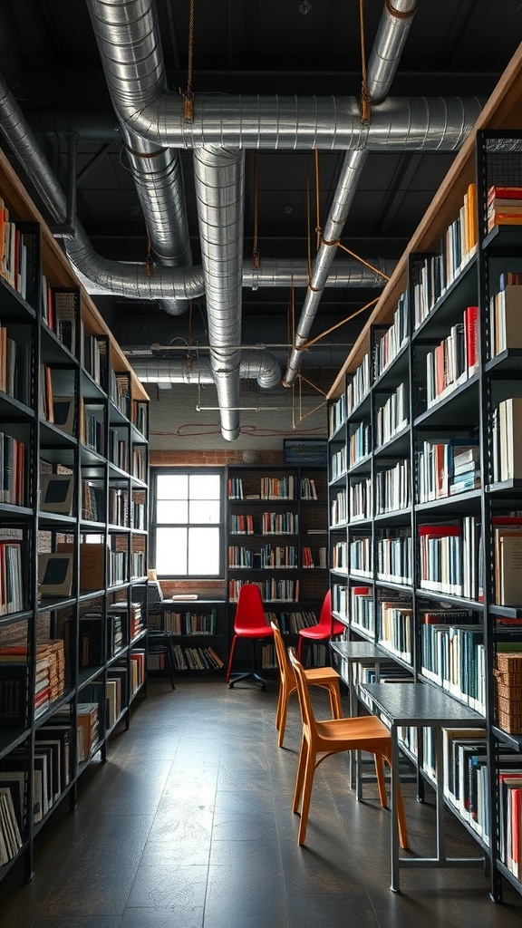 Interior of an urban library featuring industrial design with metal shelves, exposed ductwork, and red chairs.