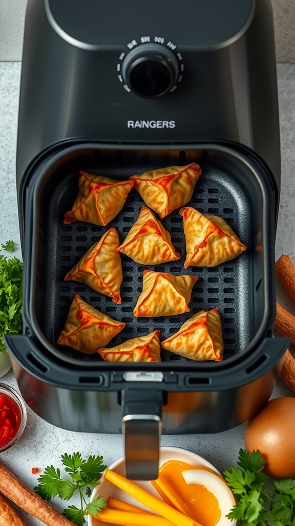 Air fryer filled with golden-brown crab rangoon.