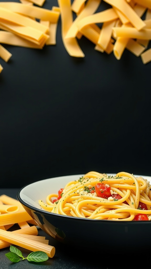 A bowl of pasta carbonara with alternative pasta types around it.