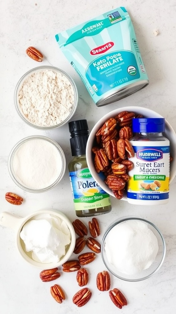 Ingredients for keto candied pecans including pecans, sweeteners, and flour.