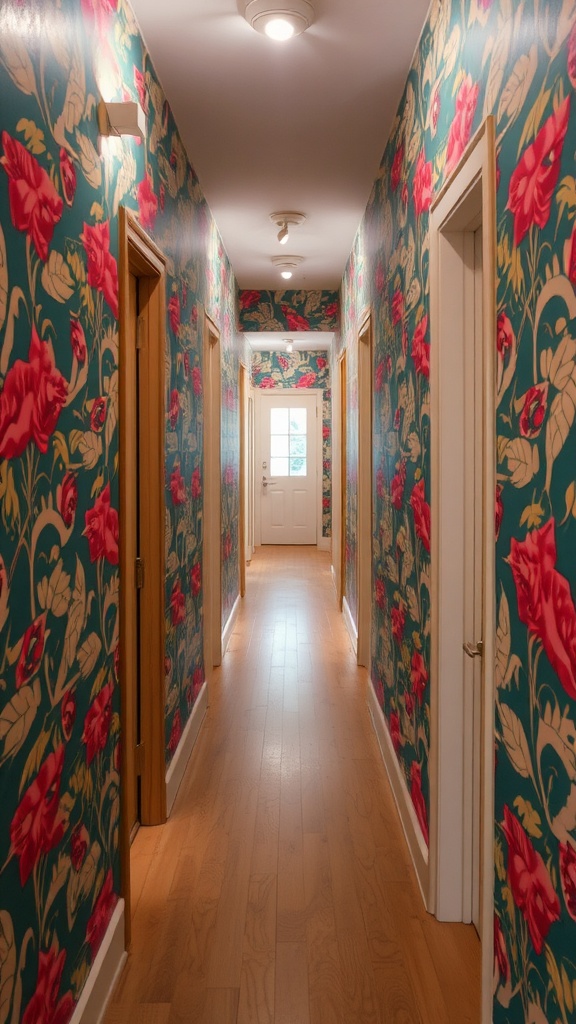 A brightly decorated hallway with bold floral wallpaper.