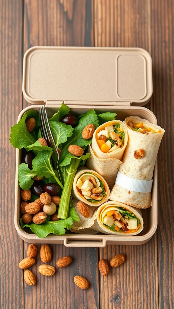A delightful lunch box containing cheese wraps, fresh vegetables, and almonds.