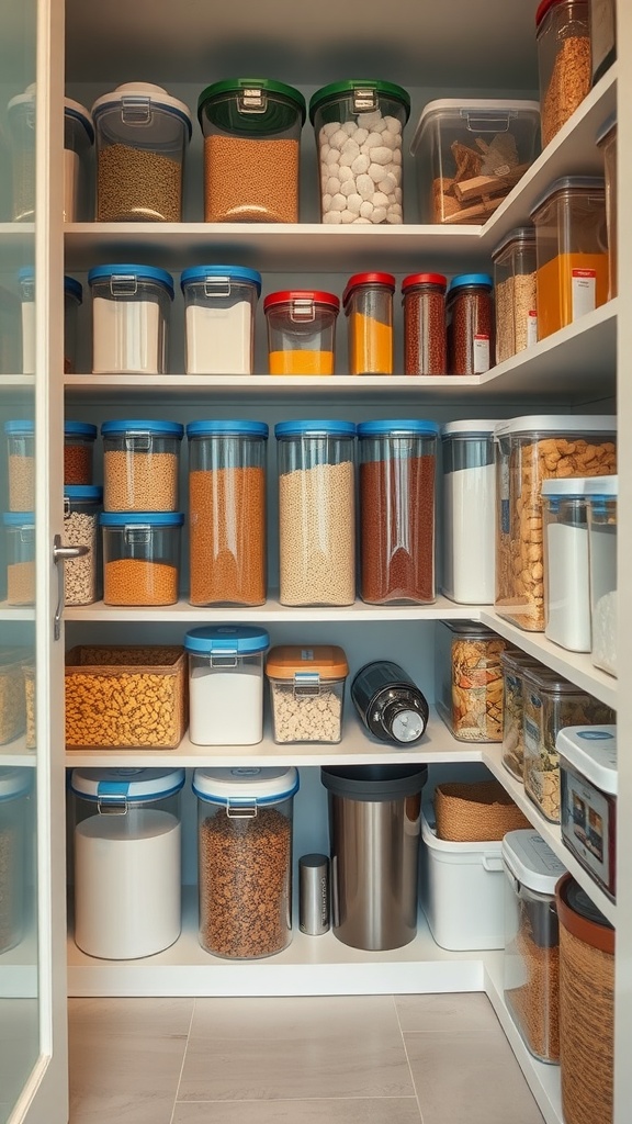 A well-organized kitchen pantry with various clear containers filled with different ingredients.