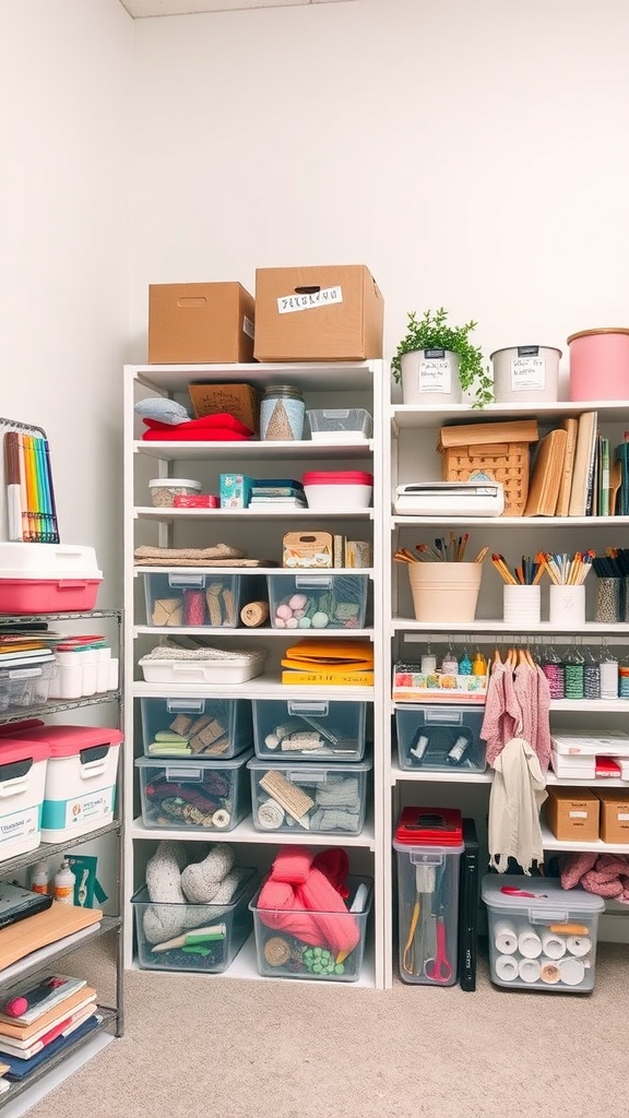 A well-organized craft room with clear containers and colorful supplies