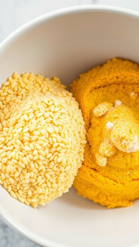 A bowl with cornmeal and corn flour, showcasing the ingredients for a corn dog recipe.