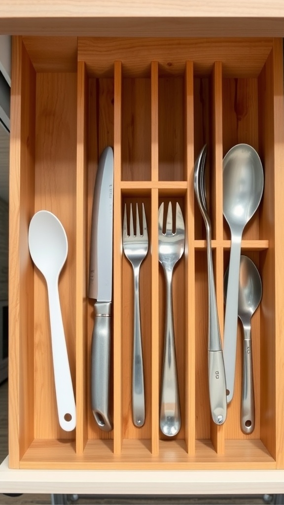 Wooden drawer dividers organizing various utensils like spoons, forks, and knives.