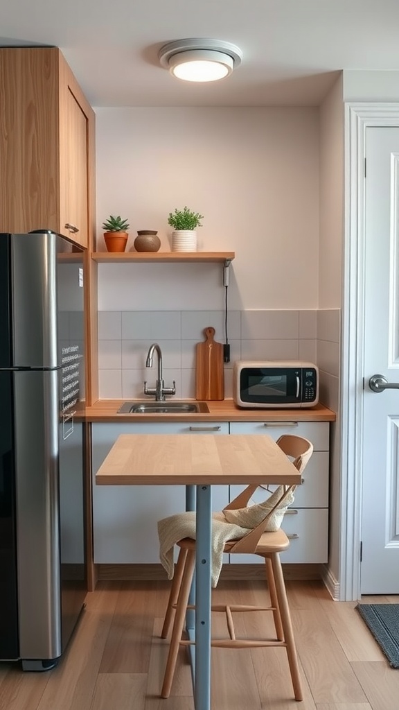 A compact kitchen featuring a folding table, perfect for extra workspace and storage.