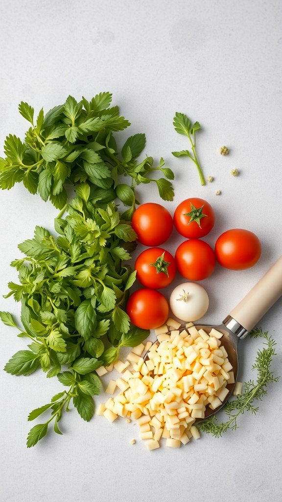 Fresh herbs and ingredients for making pasta fagioli.